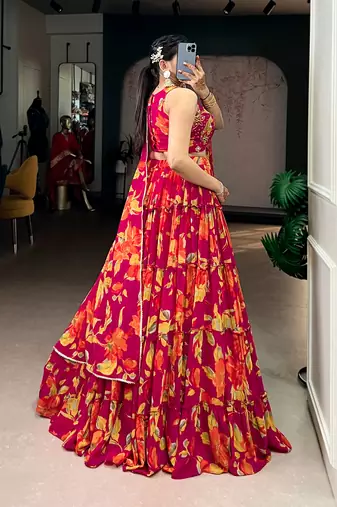 pink marble floral printed chaniya choli set for women