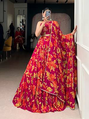 pink marble floral printed chaniya choli set for women 4