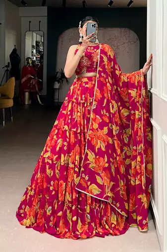 pink marble floral printed chaniya choli set for women