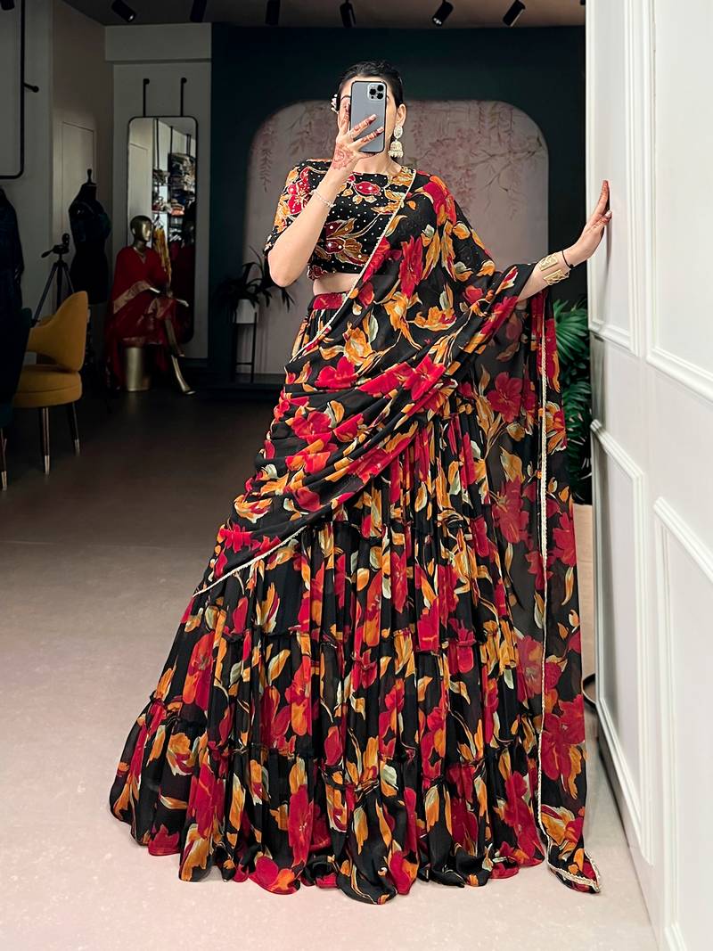 black marble floral printed chaniya choli set