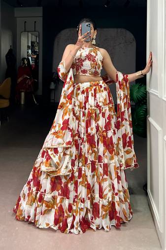 white marble floral printed chaniya choli for women