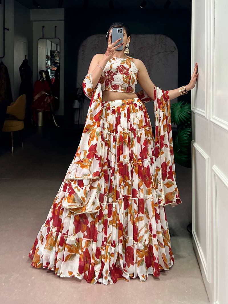 white marble floral printed chaniya choli for women