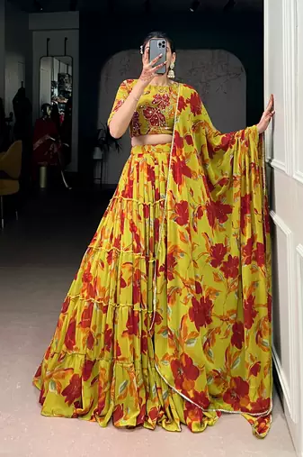 olive marble floral printed chaniya choli for women