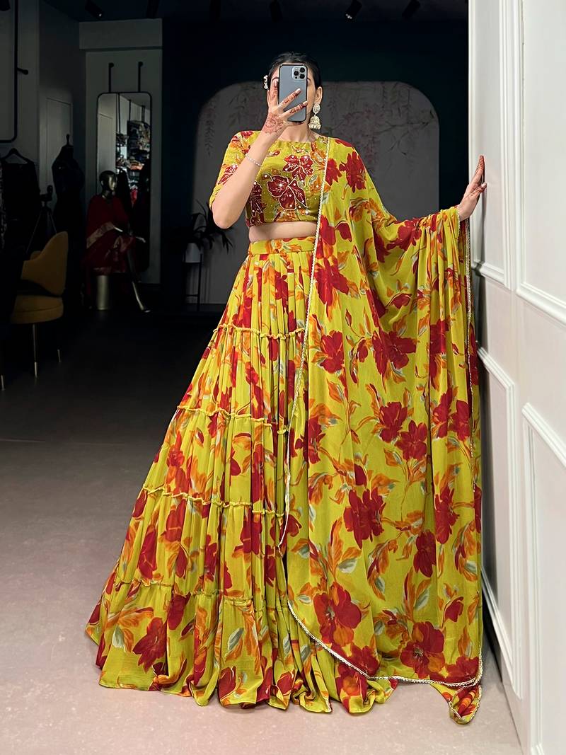 olive marble floral printed chaniya choli for women