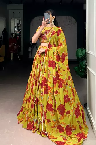 olive marble floral printed chaniya choli for women