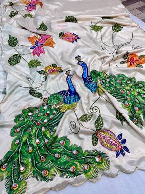 cream color soft malai silk digital printed saree 1