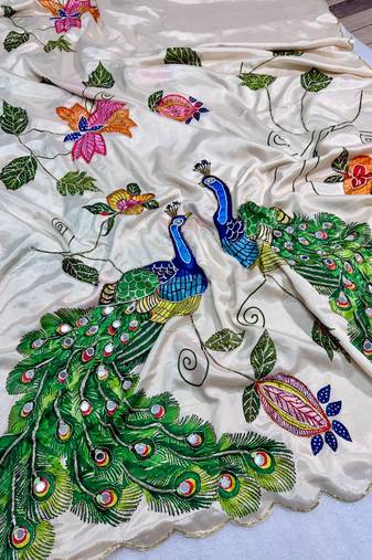 cream color soft malai silk digital printed saree