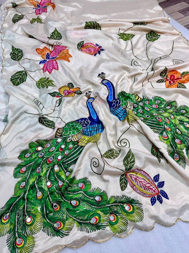 cream color soft malai SIlk Blnd digital printed saree