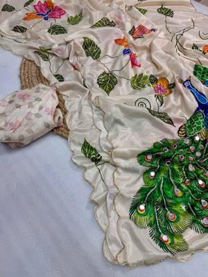 cream color soft malai silk digital printed saree 2