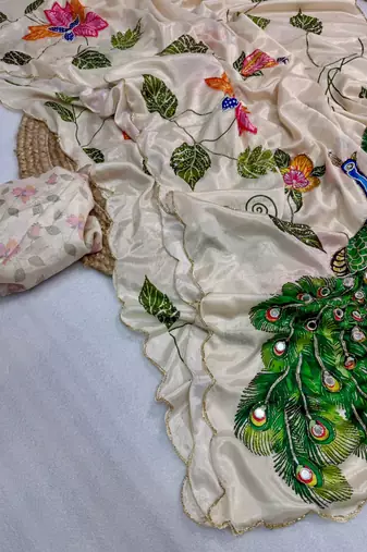 cream color soft malai silk digital printed saree