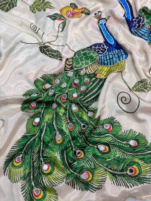 cream color soft malai silk digital printed saree 3