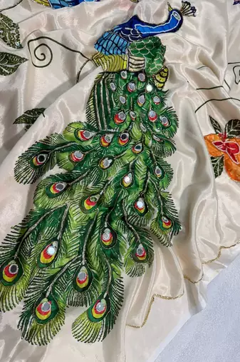 cream color soft malai silk digital printed saree