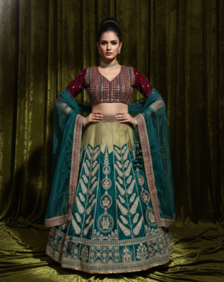mulmul silk festive lehenga with velvet blouse and organza dupatta 2