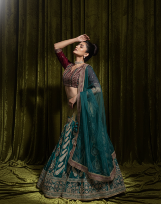 mulmul silk festive lehenga with velvet blouse and organza dupatta 1
