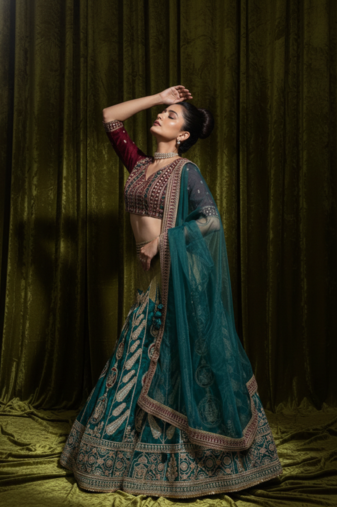 mulmul silk festive lehenga with velvet blouse and organza dupatta