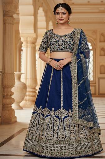 slub silk navy blue embroidered lehenga set 