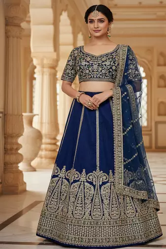 Navy Blue Slub Silk Embroidered Lehenga Set with dupatta
