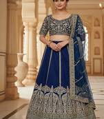 Navy Blue Slub Silk Embroidered Lehenga Set with dupatta