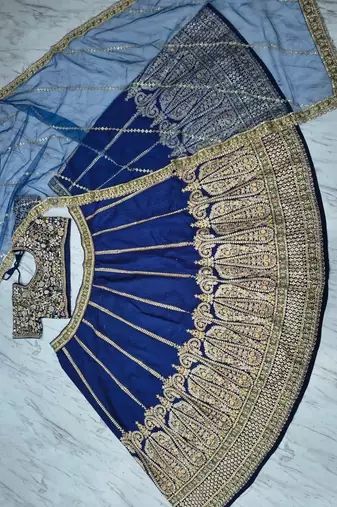 slub silk navy blue embroidered lehenga set 
