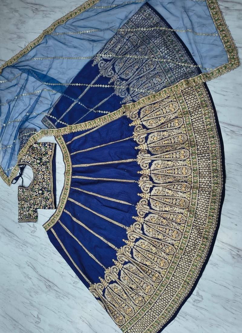 Navy Blue Slub Silk Embroidered Lehenga Set with dupatta