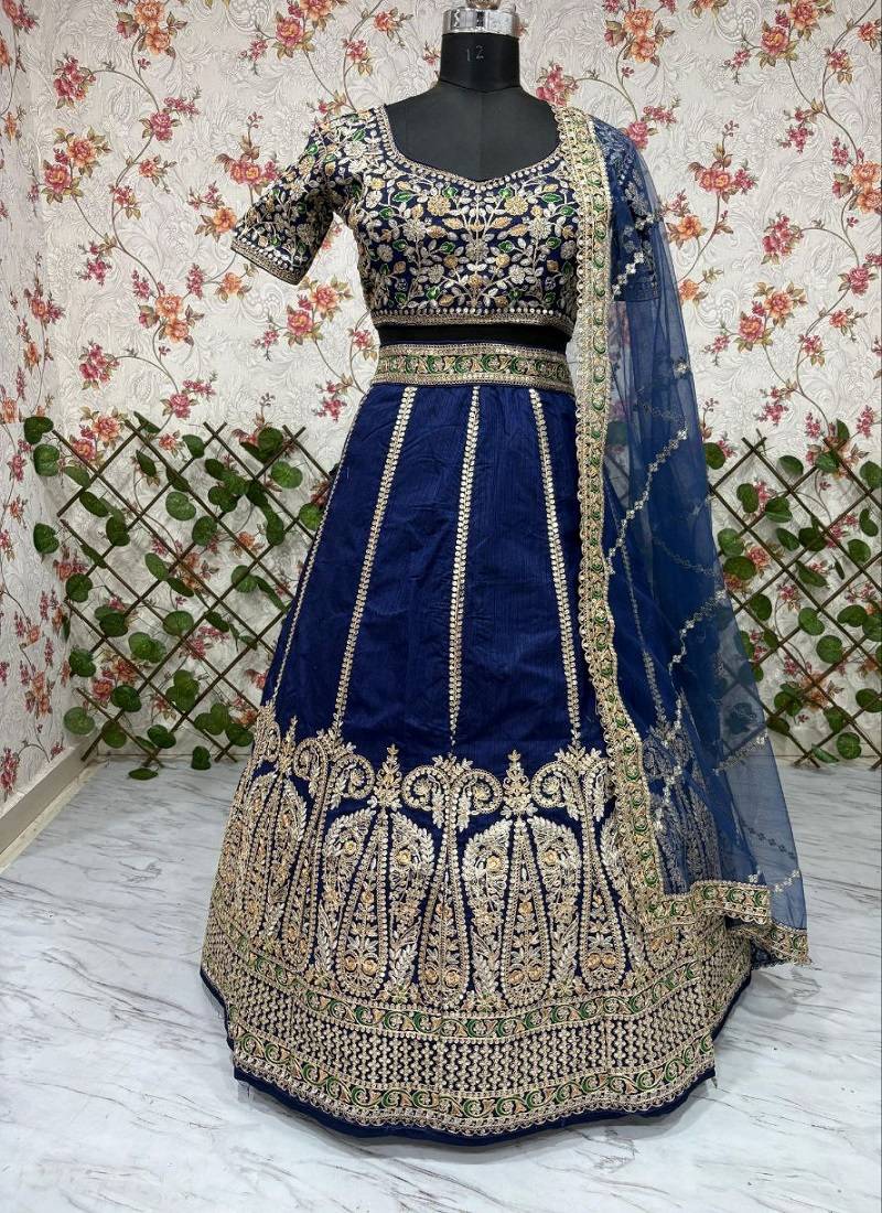 Navy Blue Slub Silk Embroidered Lehenga Set with dupatta