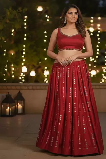 Red satin Mirror Work Lehenga Choli with dupatta