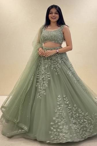 Pista Green Net embroidered Lehenga Choli Set with dupatta