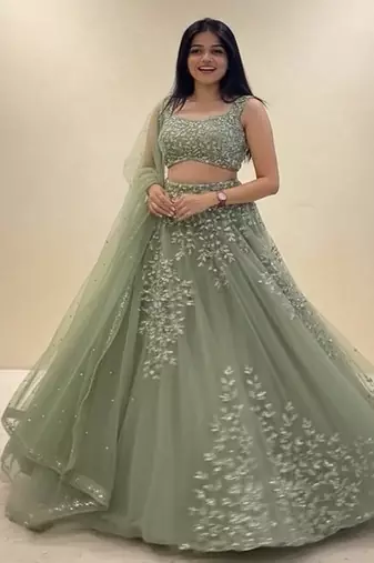 Pista Green Net embroidered Lehenga Choli Set with dupatta