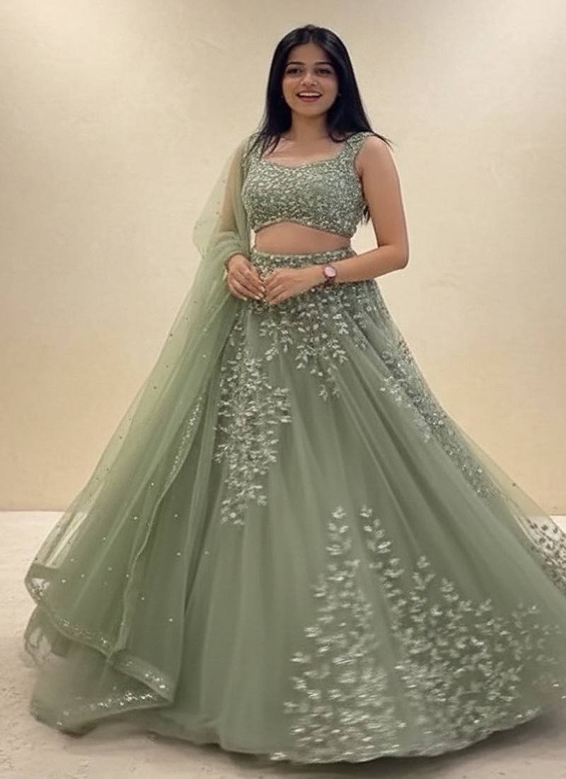 Pista Green Net embroidered Lehenga Choli Set with dupatta