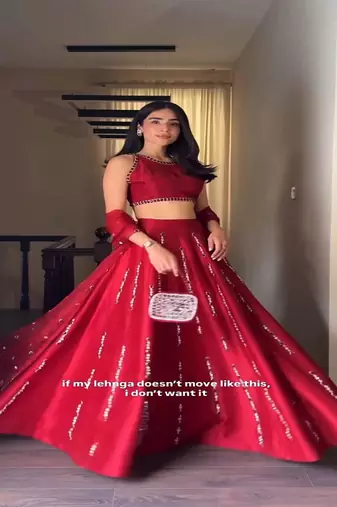 red mirror-work lehenga choli set with matching dupatta