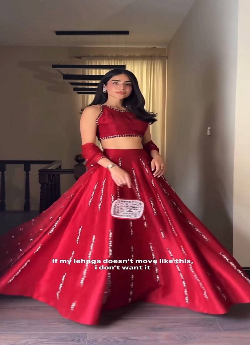 Red satin Mirror Work Lehenga Choli with dupatta