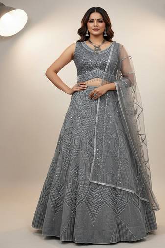 grey georgette heavy sequence work lehenga choli set