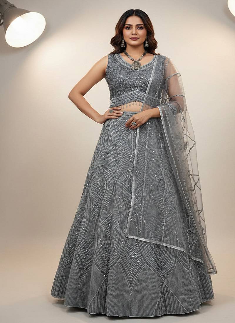 grey georgette heavy sequence work lehenga choli set