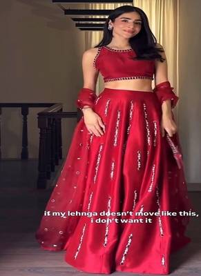red mirror-work lehenga choli set with matching dupatta 3