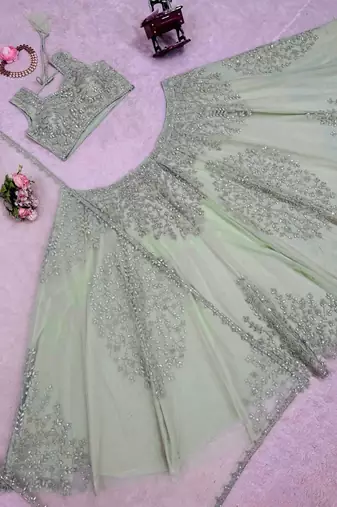 Pista Green Net embroidered Lehenga Choli Set with dupatta