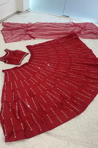 red mirror-work lehenga choli set with matching dupatta