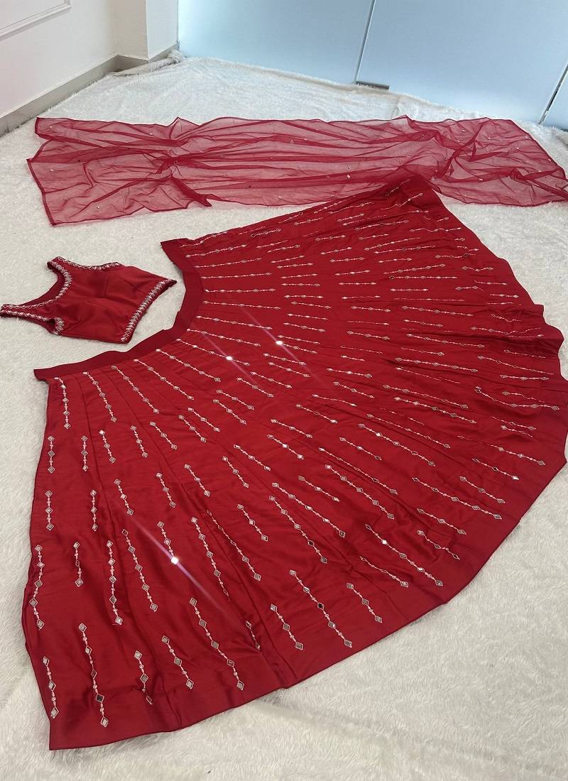 Red satin Mirror Work Lehenga Choli with dupatta