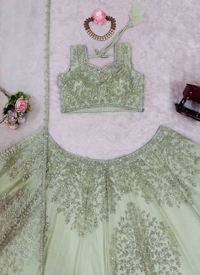 Pista Green Net embroidered Lehenga Choli Set with dupatta 4