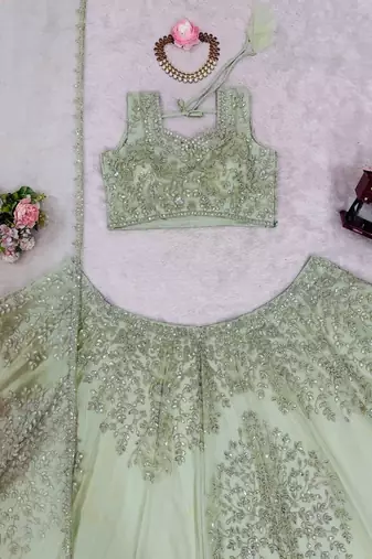 Pista Green Net embroidered Lehenga Choli Set with dupatta
