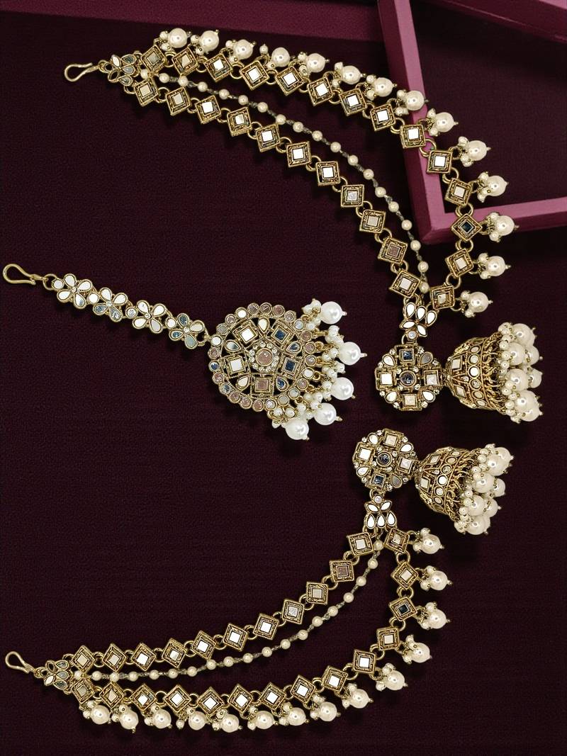 Antique gold plated bahubali mirror jhumka earring set