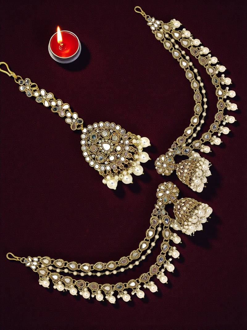 Antique gold plated mirror bahubali jhumka earring set