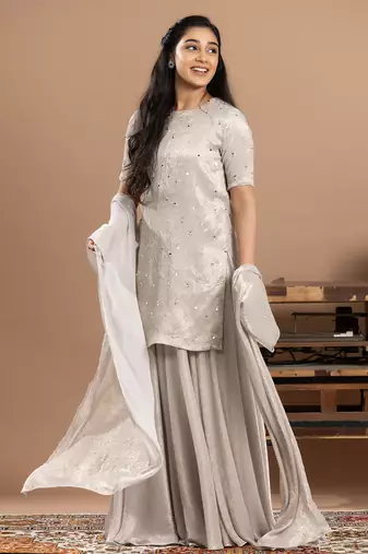 grey embroidered organza sharara set