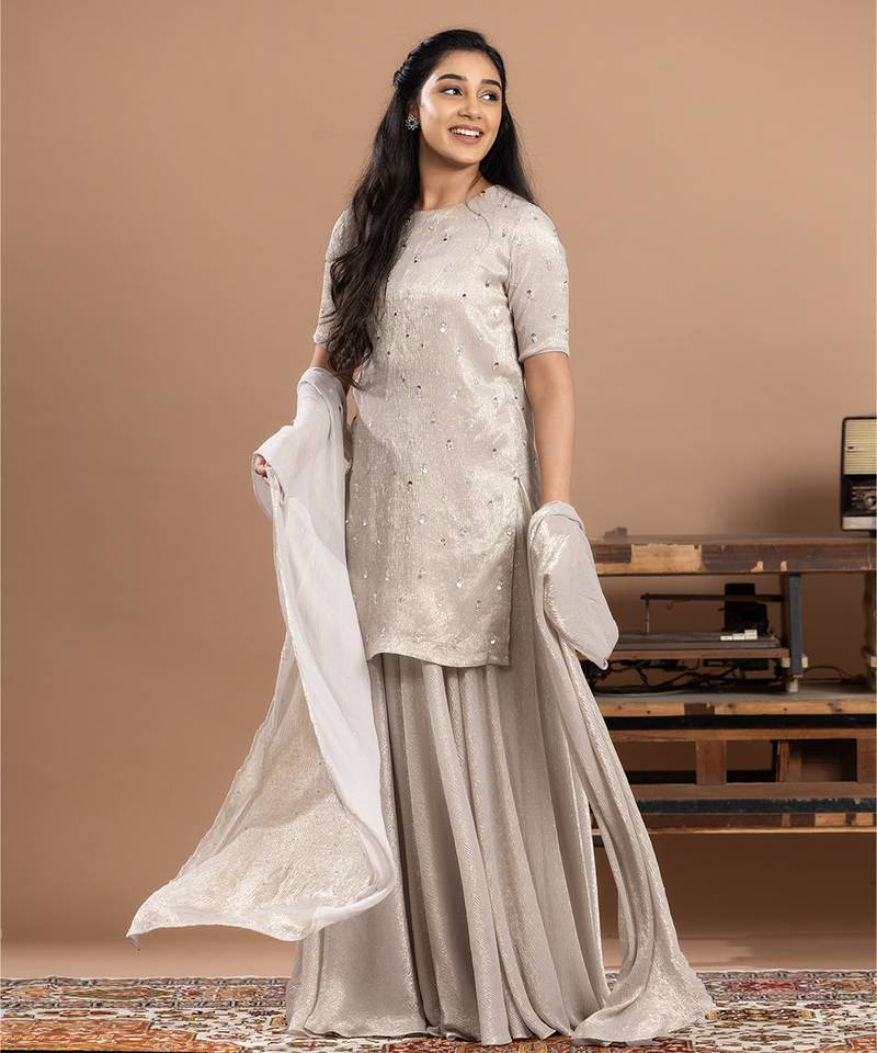 Grey embroidered organza sharara set