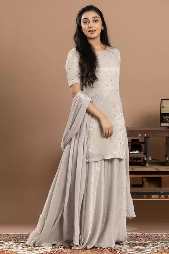 grey embroidered organza sharara set