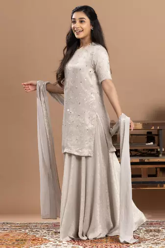 grey embroidered organza sharara set