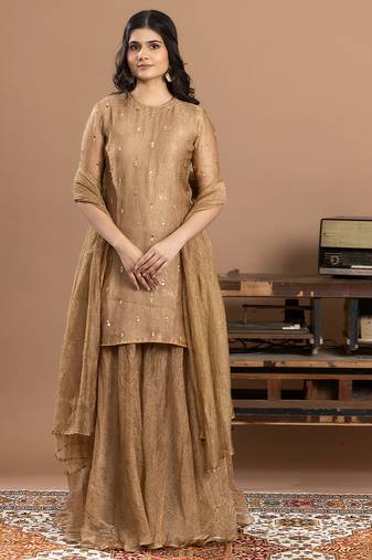Gold embroidered organza sharara set