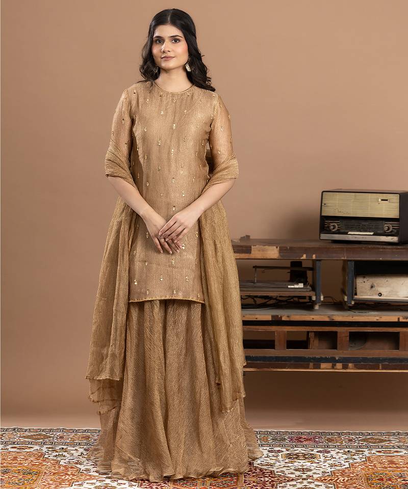 Gold embroidered organza sharara set