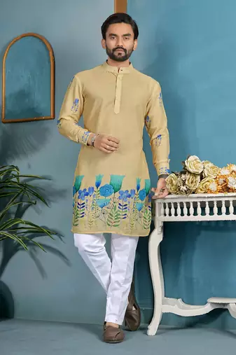 men   s beige cambric cotton floral printed kurta