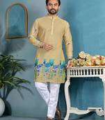 men   s beige cambric cotton floral printed kurta
