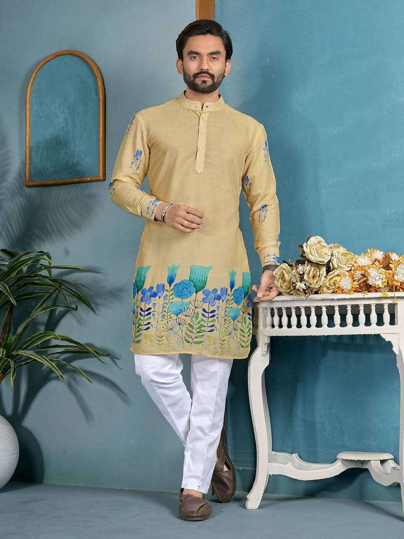 men   s beige cambric cotton floral printed kurta
